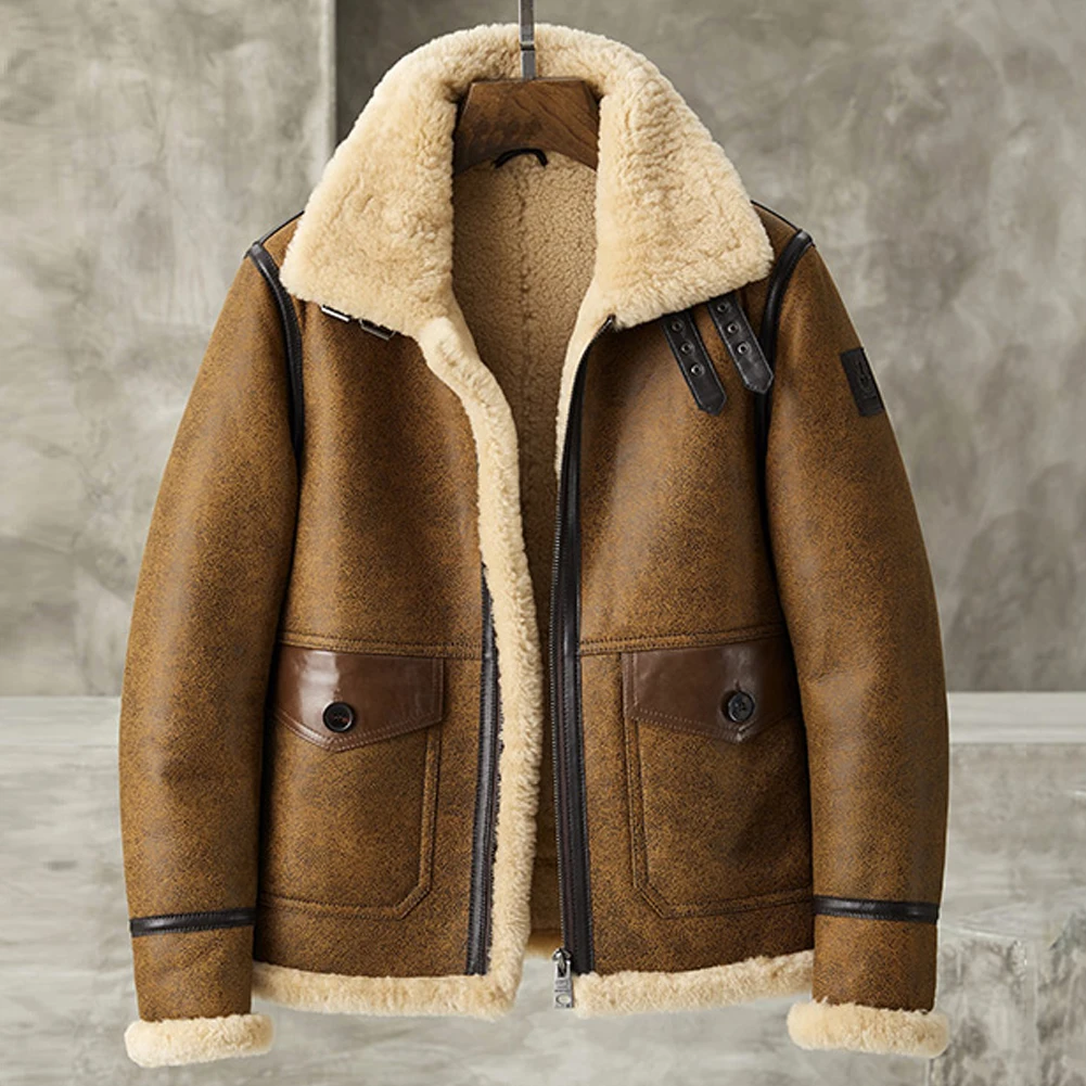 Mens Sheepskin Leather Jacket Pilots Coat Men's Fur Coat B3 Bomber Flying Jacket Vintage Brown