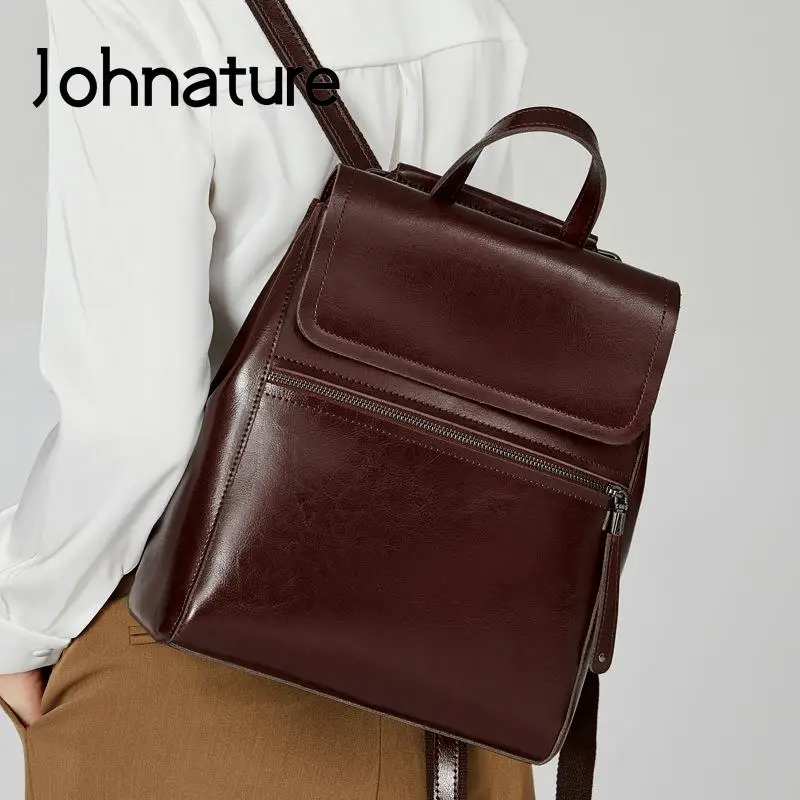 johnature mochila de couro genuino feminino bolsa de escola monocromatica de couro cera de oleo bolsa de lazer moda nova 2024 01