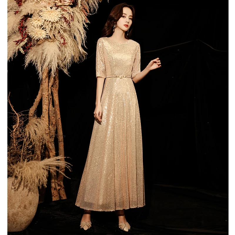 Customized New Evening Dress A-line Floor Length Robe De Soiree Half Sleeve Women Party Dresses V-neck Sequin Evening Gown