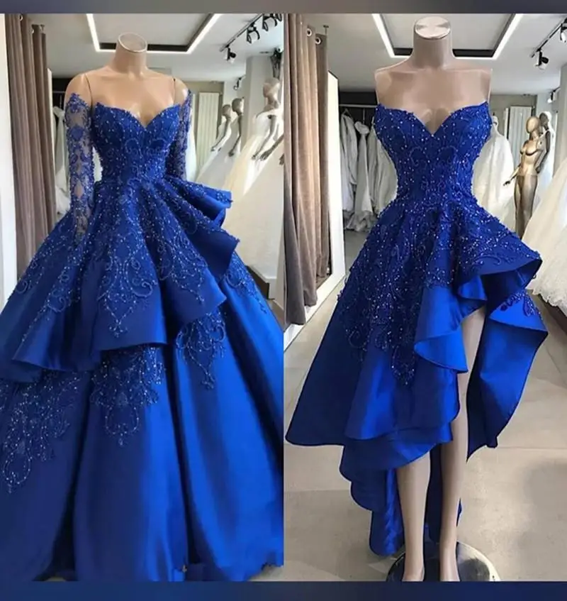 Vestido de baile azul real de manga larga, con falda desmontable, elegante, de lujo, largo, de noche, especial