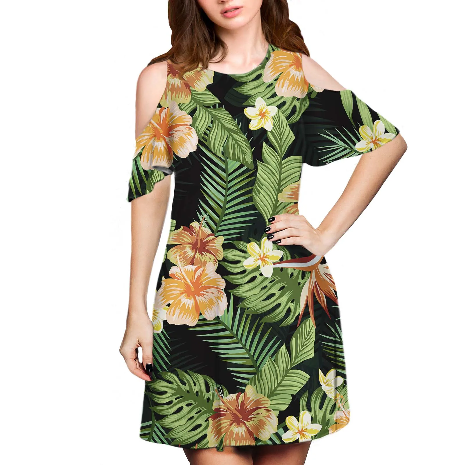 Hycool Floral Print Light Green Short Sleeve Dress Custom Casual Comfortable Dress Leakage Shoulder Clothing Summer Midi Dress