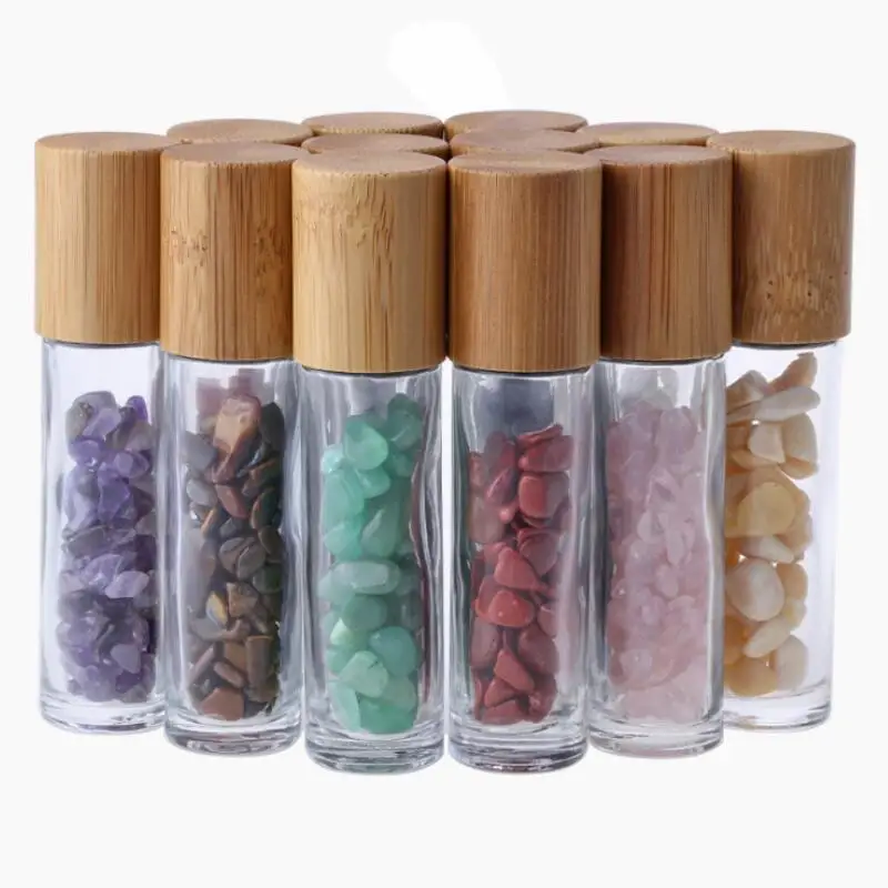 10ml Essential Oil Glass Roll on Perfume Bottles with Natural Crystal Quartz Stone Roller Ball Bamboo Cap LX3573