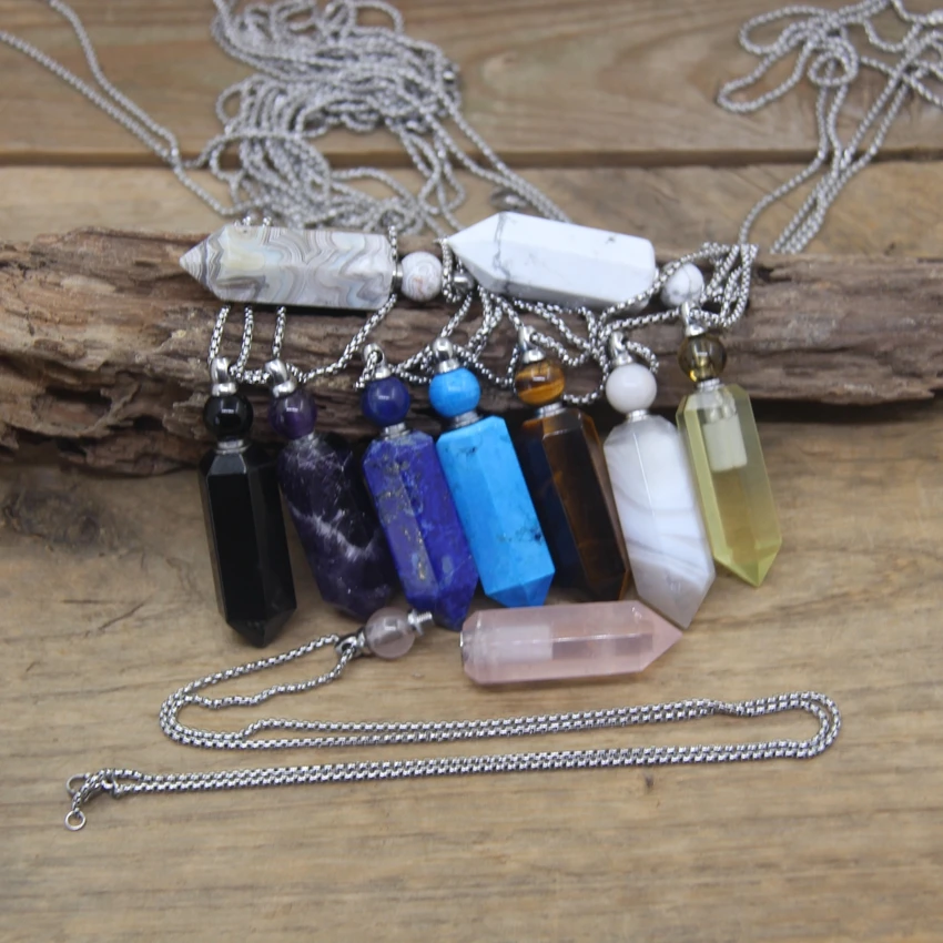 Natural Gems Crystal Hexagonal Point Essential Oil Vial Pendant Necklace Obsidian Turqupises Perfume Bottle Charm Jewelry QC1041