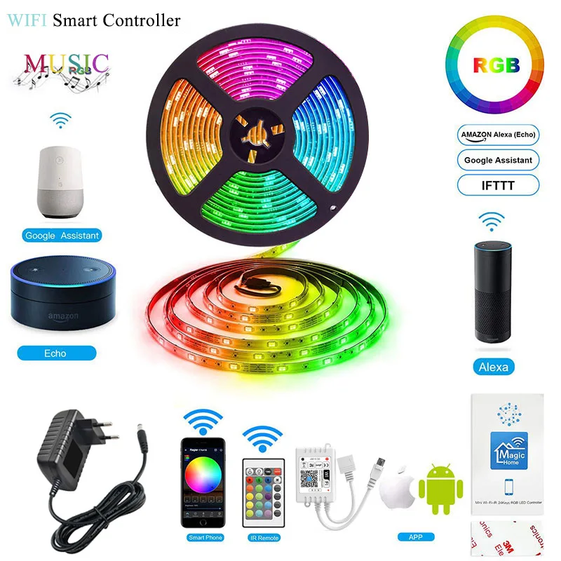 DC12V 5M 30/60Leds/M + Controller + Muur Power Smd 5050 Led Strip Set 24-Key Tuya Wifi Smart Alexa Voice Control