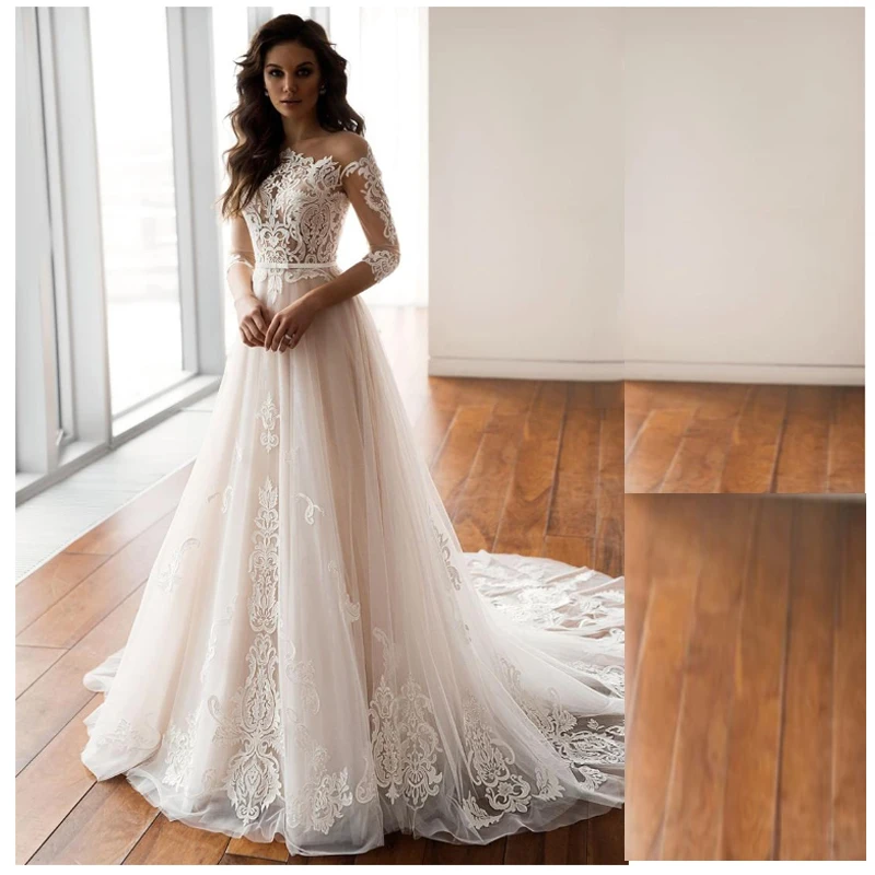 YunShang Elegant 3/4 Sleeve Wedding Dress Women 2024 A-Line Lace Appliques Button Belt Train Tulle Bridal Gown Vestidos De Noiva