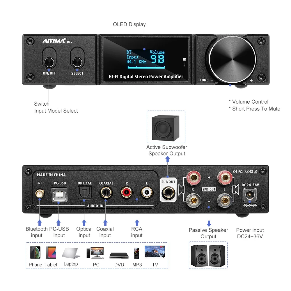 AIYIMA D05 2,1 Home Theater APTX Bluetooth 5,0 amplificador de potencia 120Wx2 amplificador de Subwoofer de sonido Digital USB DAC Amp