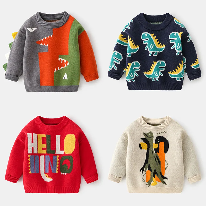 New 2020 Kids Children Pullover Sweater Autumn Winter Boys Cute Cartoon Dinosaur O-neck Knitted Jumper Sweaters Tops Clothing