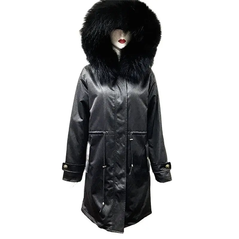 

Black Long Women Parka Elegent And Daily And Windproof Coat Faux Fur Lining Raccoon Fur Collar