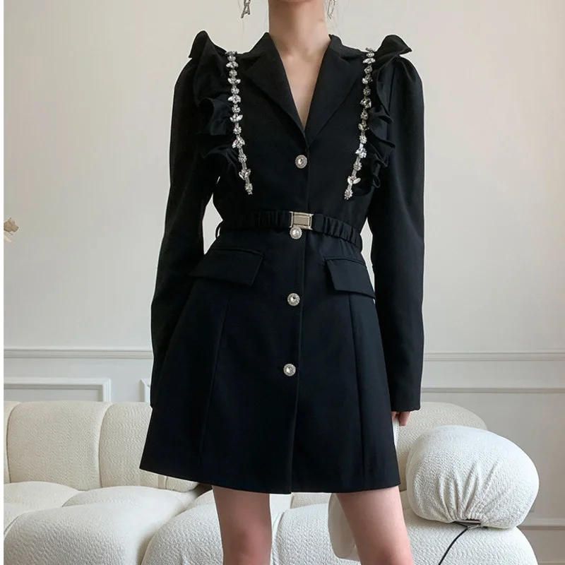 Heavy Industry Rhinestone Black Swan Suit Dress 2021 Autumn French Ruffle Waist Closing Long Sleeve V-neck Small Black Skirt