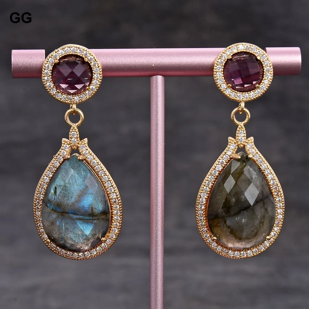 

GG Natural Teardrop Flash Stone Labradorite Purple Crystal Cz Pave Stud Earrings