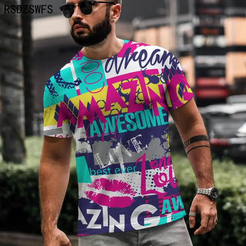 Male Tee tshirt Best design Street trend Graffiti 3D printing letter cartoon geometric stripe elements Leisure Men's T-shirt