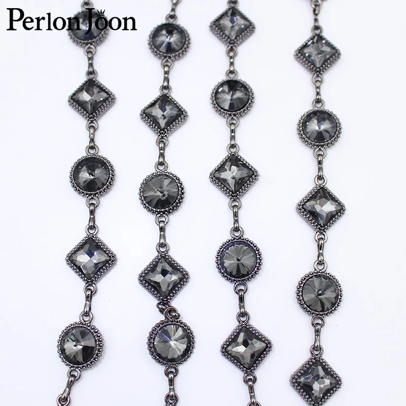 1 yard black round diamond glass arrangement trim metal chain stitched on shoes, bag decoration accessories ML133