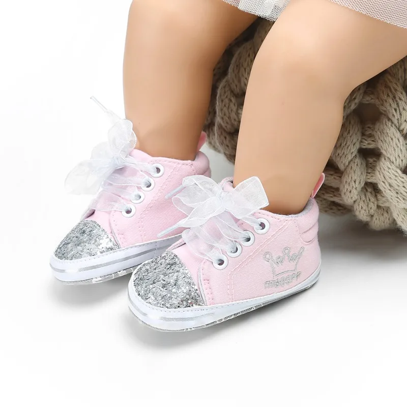 Newborn Princess Shoes  Girls Embroidery Floral Infant Soft Mesh Tie Shiny Shoes First Walkers 0-18M