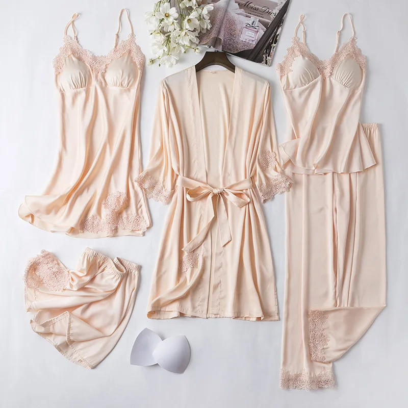 

5PCS Women Robe Set Sexy Satin Sleepwear Lace Kimono Bathrobe Gown Silky Lingerie Nightwear Lounge Wear Casual Home Clothes