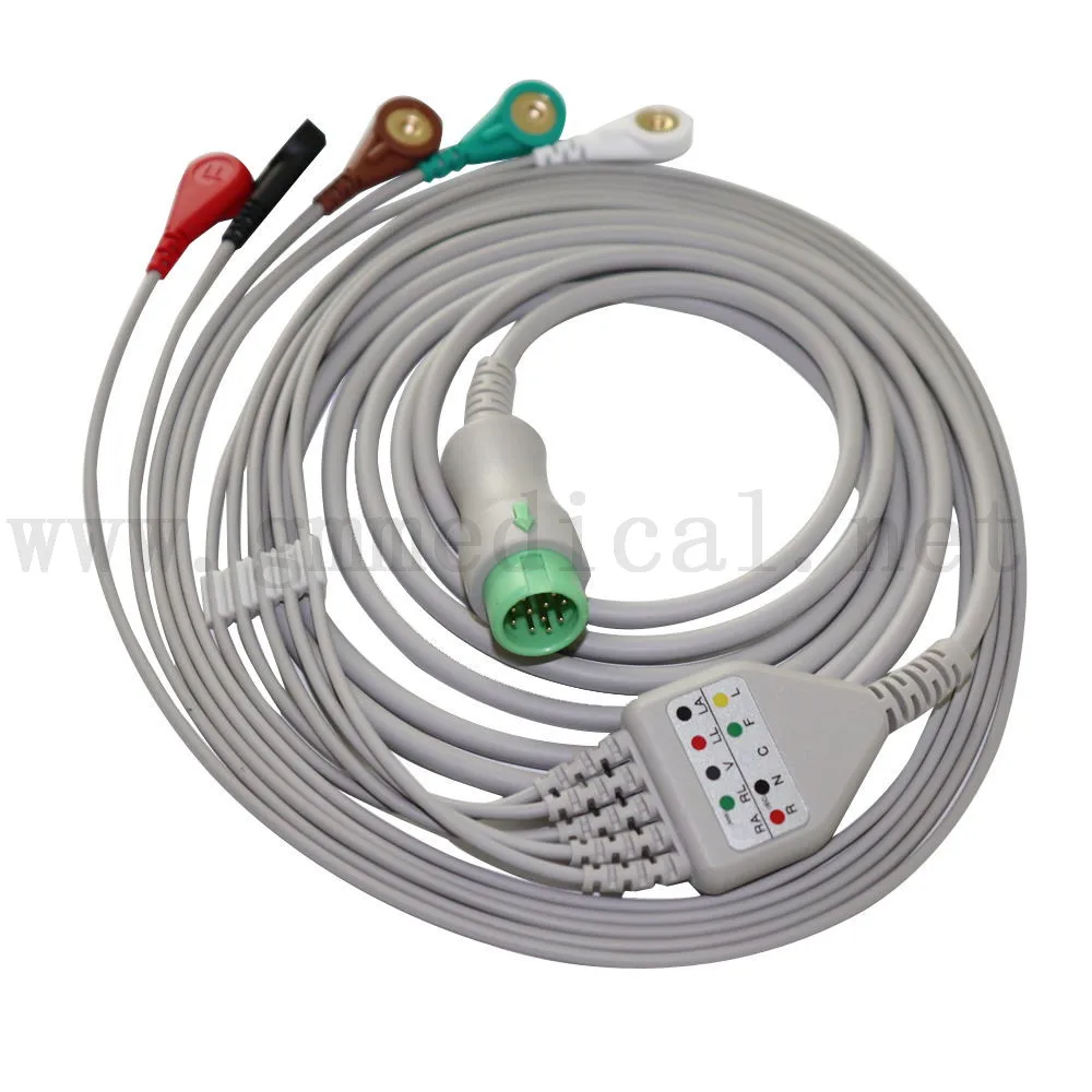 

Compatible with Mindray Beneview T5. T6. T8 PM5000 ,PM 6000 One-piece Shield ECG cable , 5-Lead,Snap, AHA, 12ft , round 12PIN.