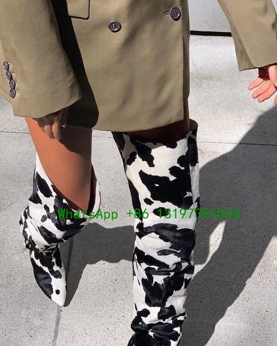 

Cow print over the knee thigh boots Long Boots Women High Heel Boot Pointed Toe Sexy club Shoes Thigh High footwear Boots size