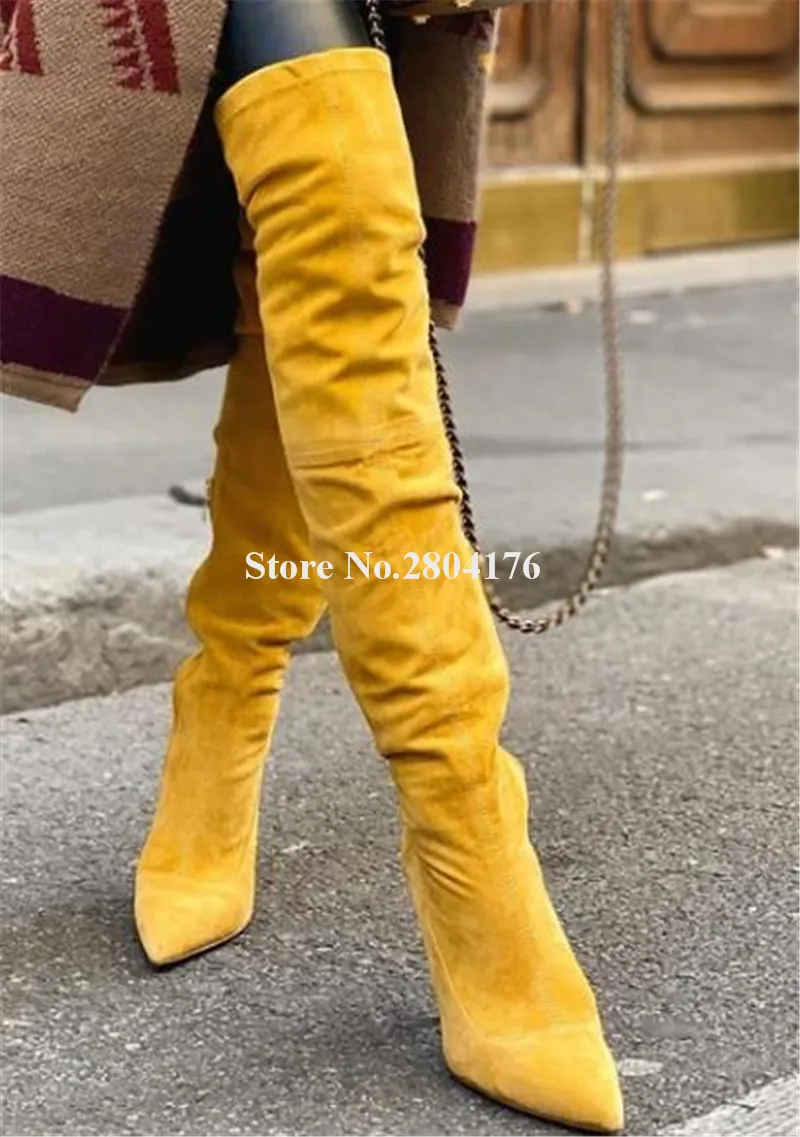 Women Sexy Pointed Toe Suede Leather Stiletto Heel Over Knee Boots Yellow Pink Blue Slim Long High Heel Boots Big Size Heels