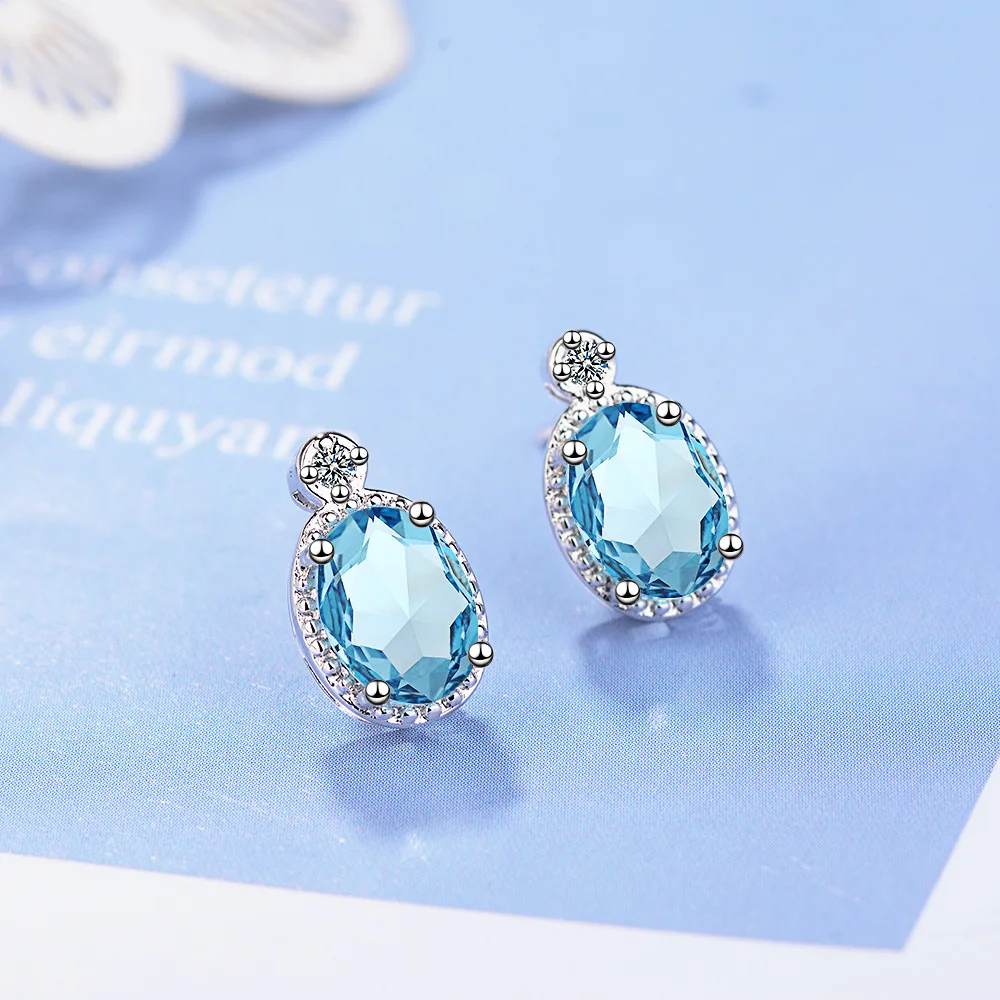 Buyee 925 Sterling Silver Classic Stud Earring Oval Blue Crystal Earring for Woman Girl Luxury Wedding Fine Jewelry Earring