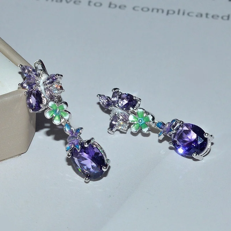 Luxury Dangle Earrings for Women Silver Purple Crystal Flower Floral Pattern Custom Drops Earring Elegant Banquet  Jewelry