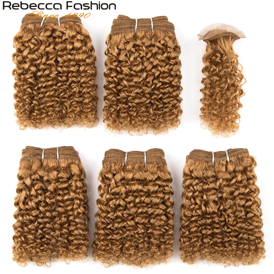 Rebecca-Curto Curly Hair Bundles com Fecho, Remy Cabelo Humano, Tecer 5 Pacotes com Fecho, Duplo Desenhado, 27, 99g, P4, 27, 6 Pcs, 7-7.5"