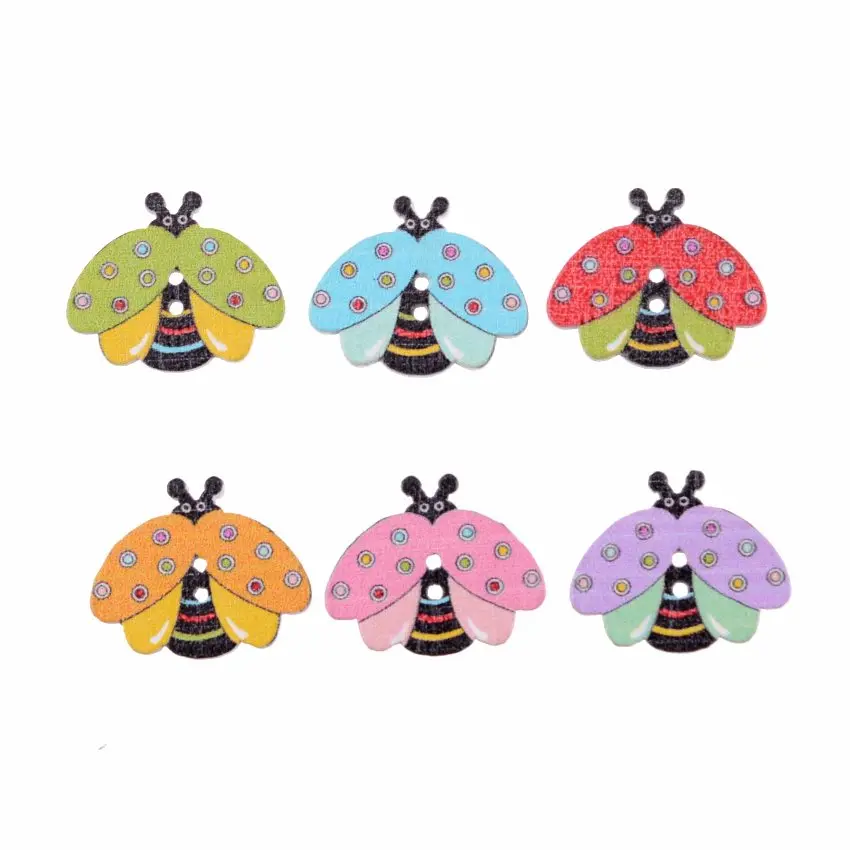 Free Shipping Retail 20pcs Mixed 2 Holes Cartoon Ladybug Animal Pattern Wood Sewing Buttons Scrapbooking 18x21mm F0064