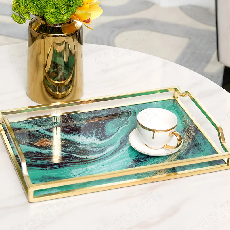 

Flow Gold Agate Texture Metal Trays Decorative Nordic Modern Golden Border Grass Coffee Table Tray with Handle Home Decoration