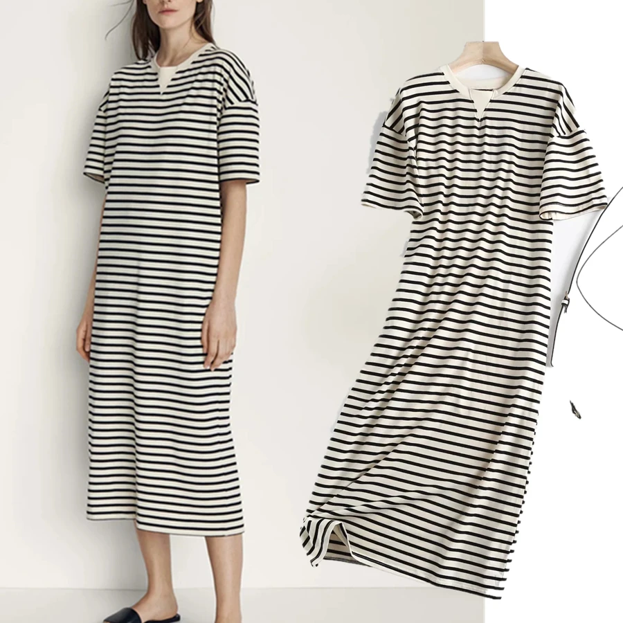 

Maxdutti De Fiesta De Noche England Indie Folk Vintage Striped O-neck Loose Causal Long Dress Cotton Summer Dress Women Vestidos