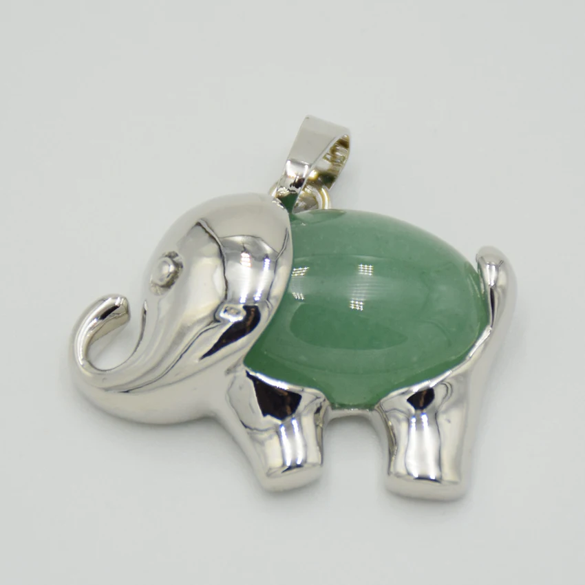 Fashion Silver Color Cute Animal Elephant Natural Stone Crystal Bead Pink Quartzs Tiger Eye Necklace Pendant for Women Men Charm