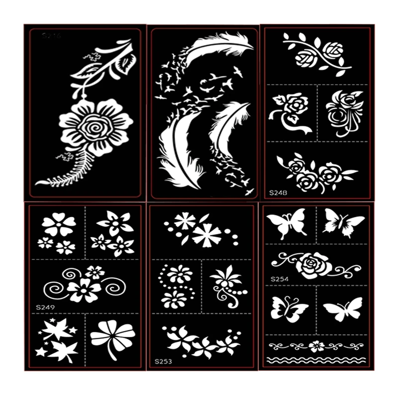 12 Sheets Henna Tattoo Stencils Kit Self-Adhesive Butterfly/Feather/Flower Designs for Body Painting Temporary Templates