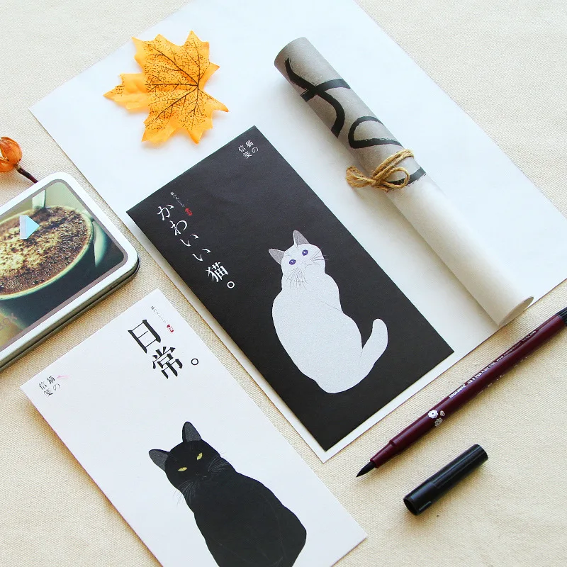 Sobre de gato blanco y negro de estilo japonés, conjunto de dibujos animados, bonito, 3 sobres, 6 notas, papel de invitación, papelería, regalo