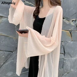 Shirt Women Summer Thin Sun Proof Solid Casual Chiffon Loose Open Stitch All Match Female Outfits Ulzzang Basic Fashion Fairy