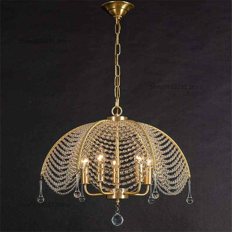 All Copper Crystal Ceiling Chandelier Nordic Light Luxury Living Room Bedroom Lamp American Restaurant Light Whole House Lamps