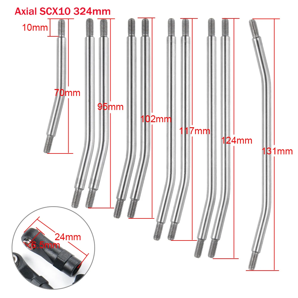 YEAHRUN 10pcs Stainless Steel Linkage Steering Link Rod Set for TRX-4 TRX4 TRX-6 Axial SCX10 II 90046 1/10 RC Crawler Car Parts