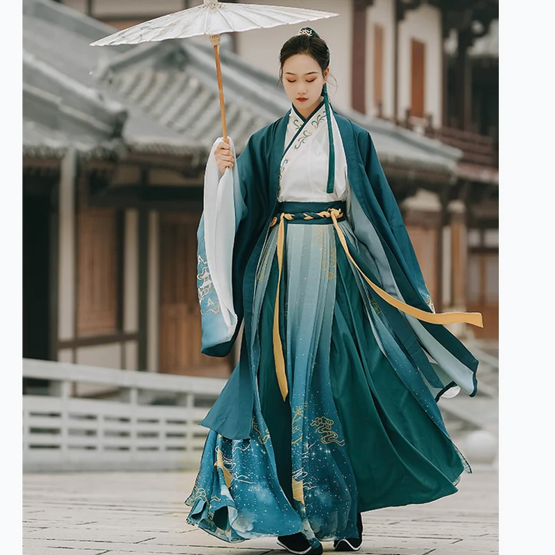 الأخضر Hanfu نمط الحديثة نمط زهرة التطريز فستان كيب كم كبير بلايز الدعاوى النمط الصيني تانغ سلالة هان عنصر #2