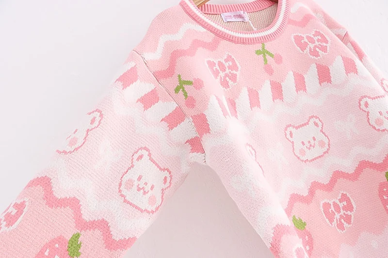 Harajuku Cute Women Knitted Sweater Soft Girls Kawaii Tops Bear Strawberry Print Anime Pullover Japanese Lolita Pink Cozy Jumper