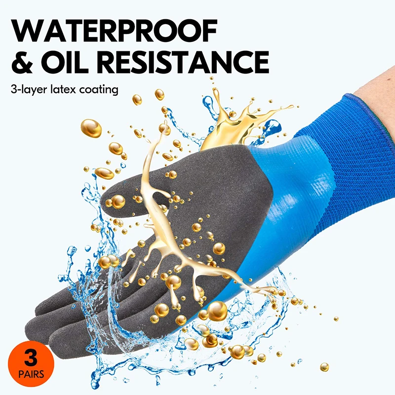 

3-Pairs Blue Triple Latex Coating Garden Gloves Light Duty Work Gloves,Waterproof,Oil Resistance,Abrasion Resistance Hand Covers