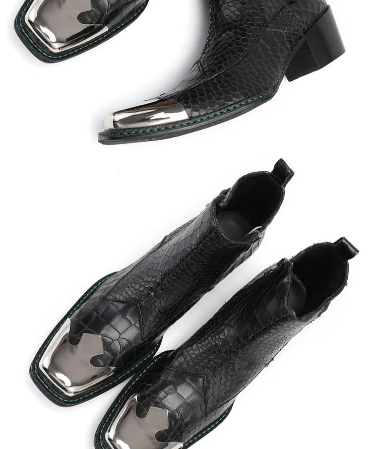 Men's Cowhide Serpentine Print Metal Decor Pointed Toe Belt High‑Heel Short Boots Western Cowboy Boots For Stage Show Party