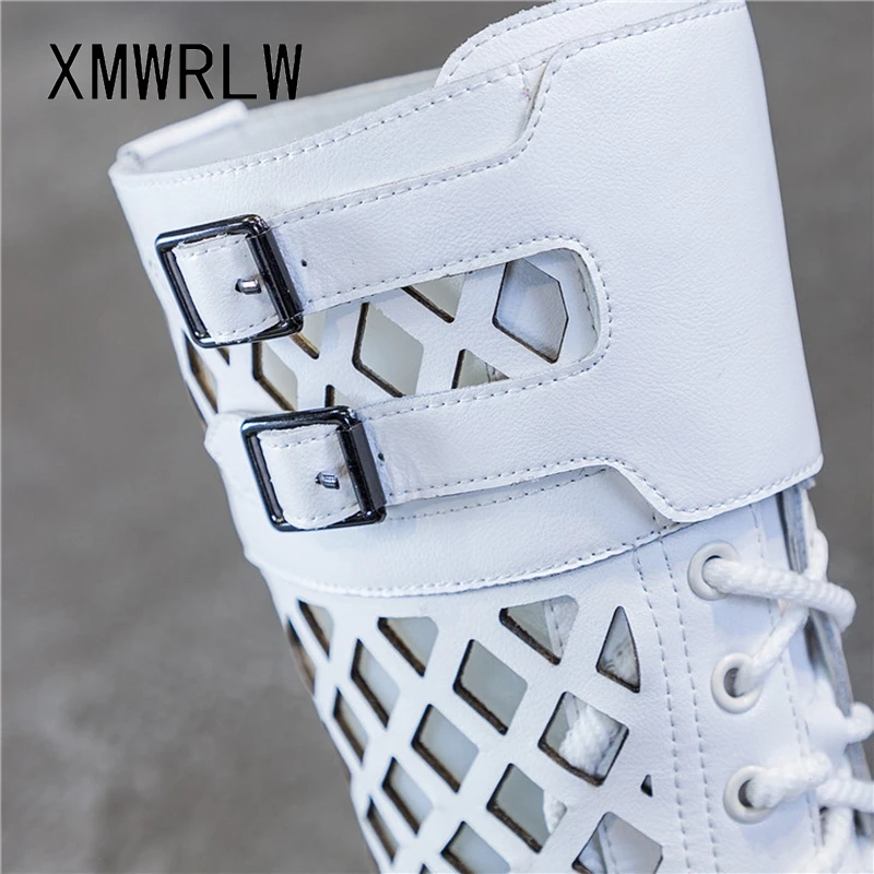 XMWRLW Women\'s Boots 2020 Summer Genuine Leather Woman Mid-Calf Boots Fashion Hollow Out Ladies Shoes Women Summer Boot Shoes