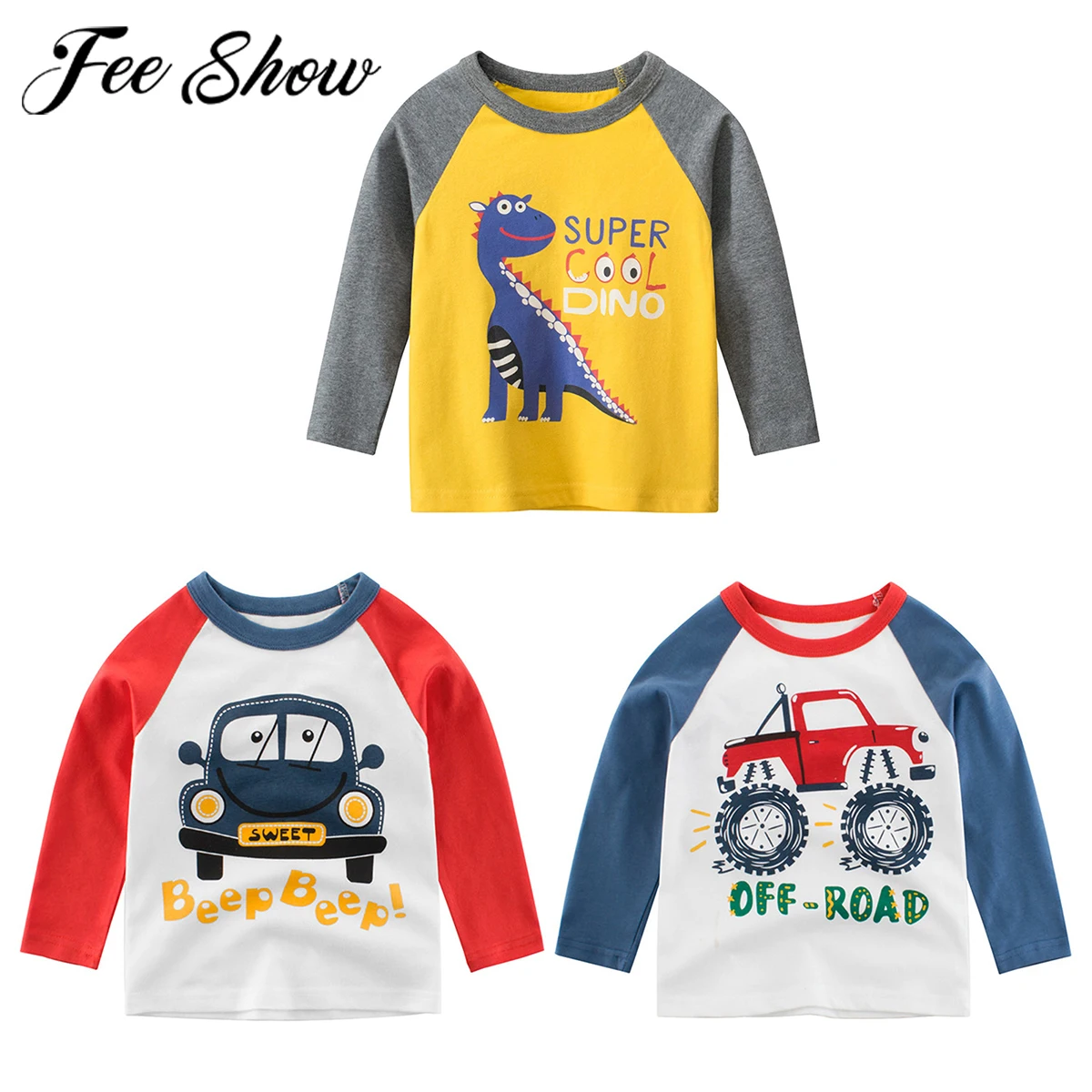 

Spring Autumn For 1-8Years Children Cotton Color Patchwork Cartoon Dinosaur Animal Print Tees Baby Kids Boys Long Sleeve T-Shirt