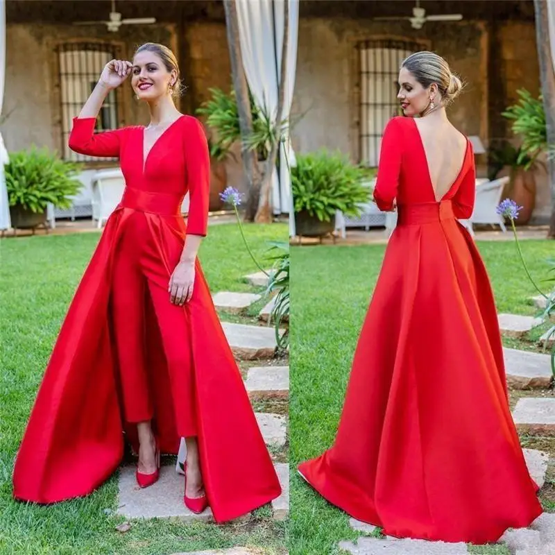 

Womens Jumpsuit Elegant Formal Evening Dresses with train 2022 red stain v-neck long sleeve outfit arabic prom pantsuit dress