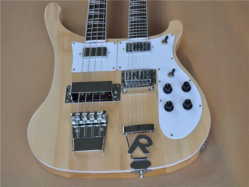 Double neck Natural wood color Electric Bass Guitar with White Pickguard,Chrome Hardware,Provide custom service