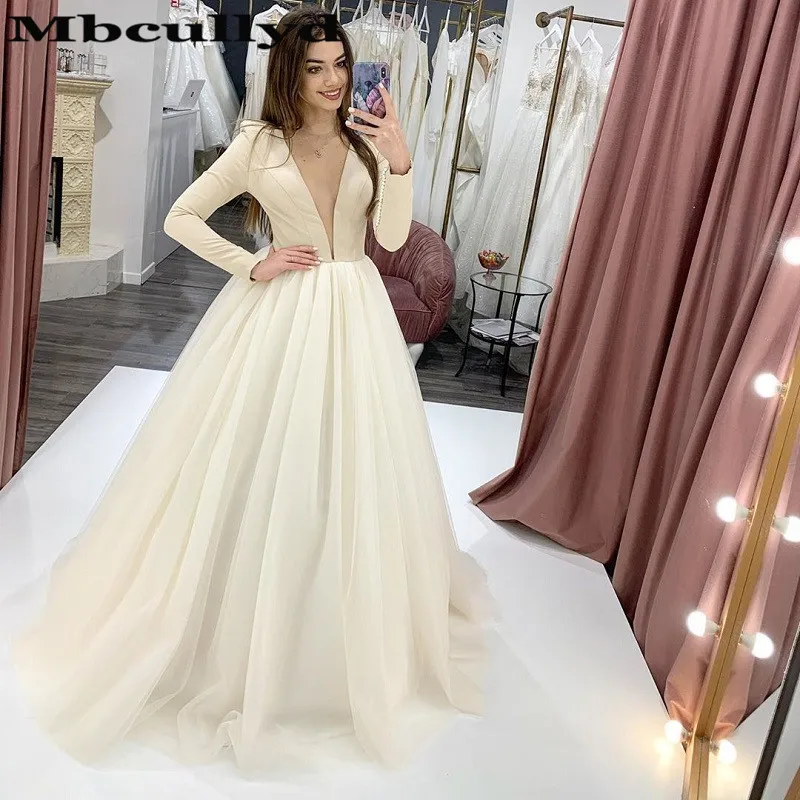 Mbcullyd Vintage Long Sleeves Wedding Dresses 2023 Sheer O-neck Champange Church Gowns For Women African vestido de noiva