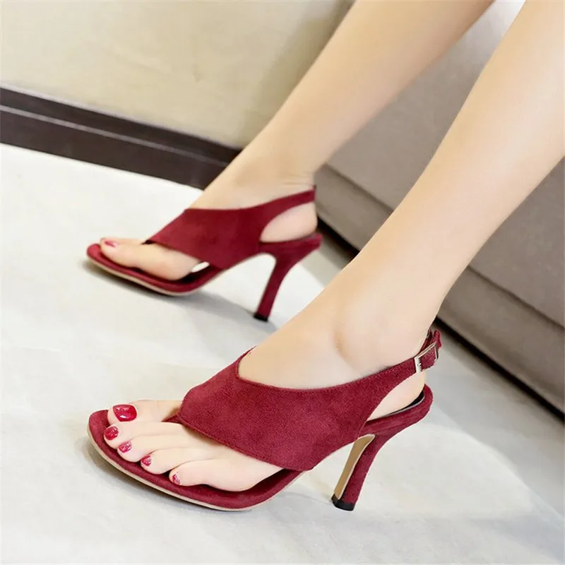 

Sexy Thin Heels Female Fashion Sandals Flip Flop Design Soft Flock Summer Shoes Woman High Heels Pumps Sandalias Mujer DX42