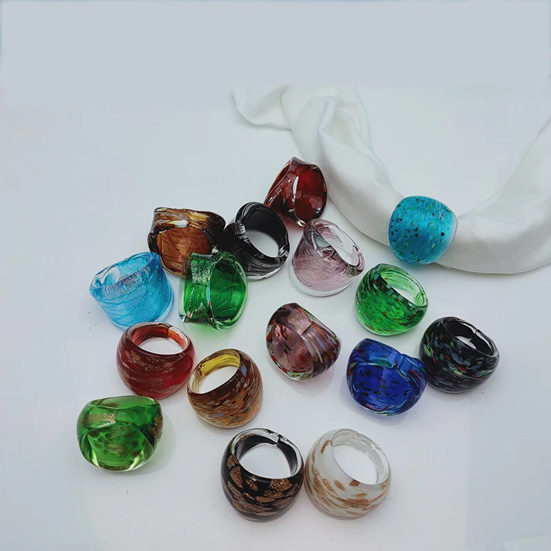 16PCS Mixed Vintage Murano Glass Lampwork Ring For Women Unisex Fashion Handmade Charm Finger Rings Jewelry Gifts Wholesale