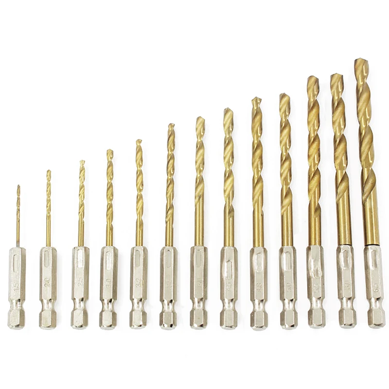 13pcs HSS Titanium Coated Twist Drill Bit Set For Wood Plastic Plate Iron Aluminum Plate Metal Drilling Hex Shank Core Drill Bit