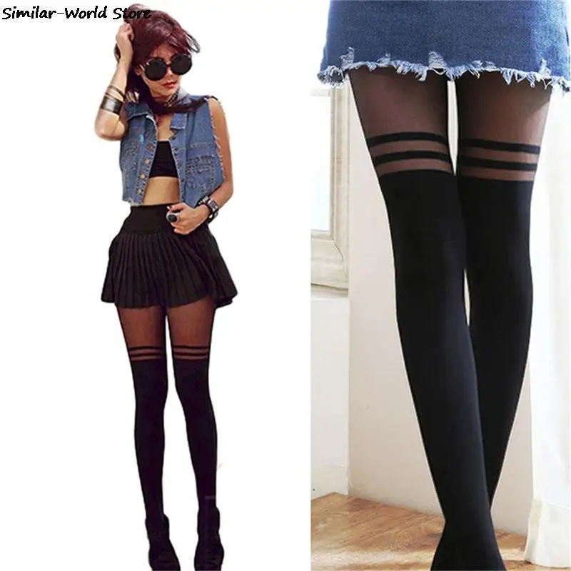 

Black Women Temptation Sheer Mock Suspender Tights Cat Pantyhose Stockings Cool Mock Over The Knee Double Stripe Sheer Tights