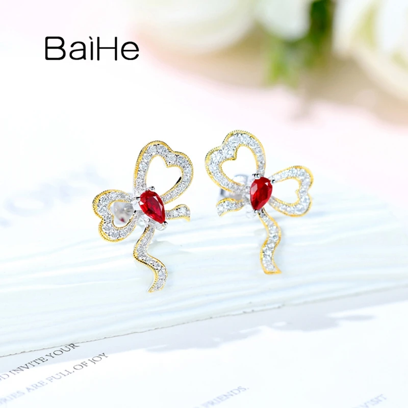 BAIHE Solid 14K White Yellow Gold Natural Ruby H/SI Diamond Bowknot Stud Earrings Women Wedding Fine Jewelry Aretes kolczyki