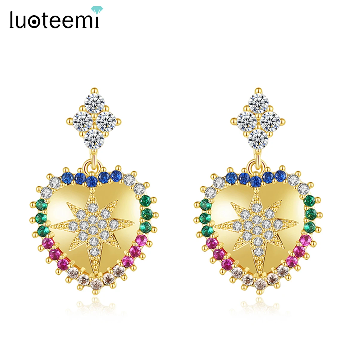 LUOTEEMI Romantic Big Heart Drop Earring Multiple Rainbow CZ Fashion Dangle Jewelry for Girls Rainbow Earrings Christmas Gifts