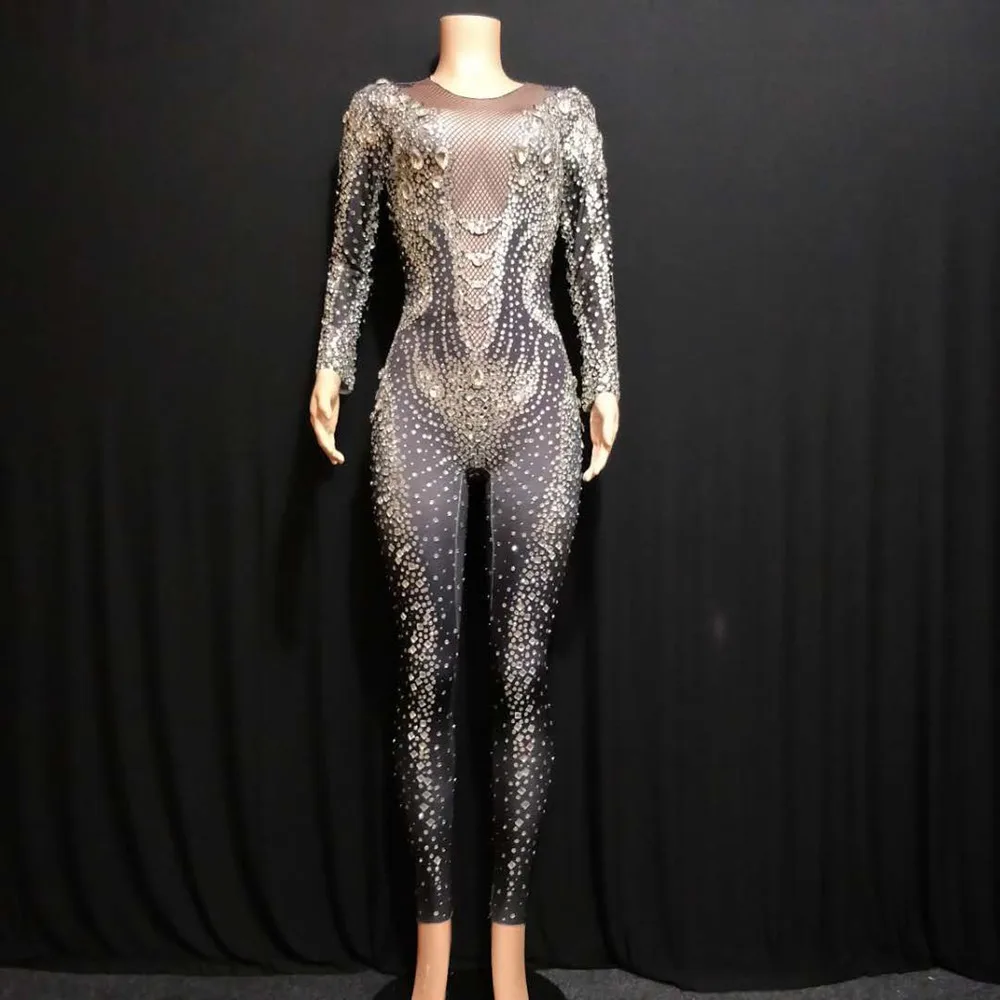 Sexy Stretch Rhinestones Party Jumpsuits Women Stretch Long Sleeve Crystal Romper Black Nightclub Prom Bodysuit Dance Stage Wear