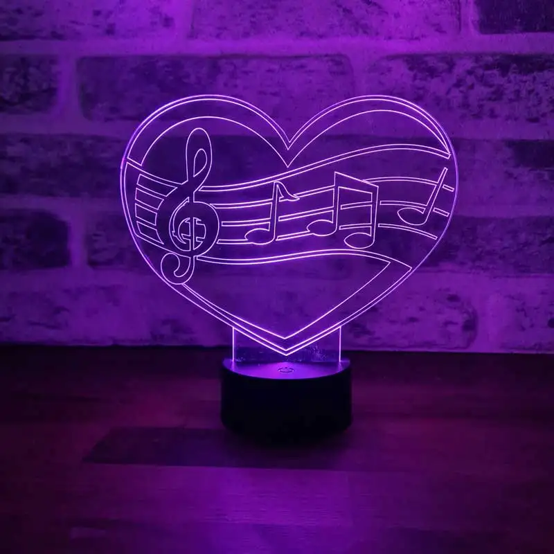 Music Love 3D Illusion Acrylic Led Lamp 7 Diffrent Light Color USB and Touch Button Control Birthday Special Gift for Couples Room Decor Anime Wedding Stranger Things Led Lights Wedding Decoration Nightlights Bedroom